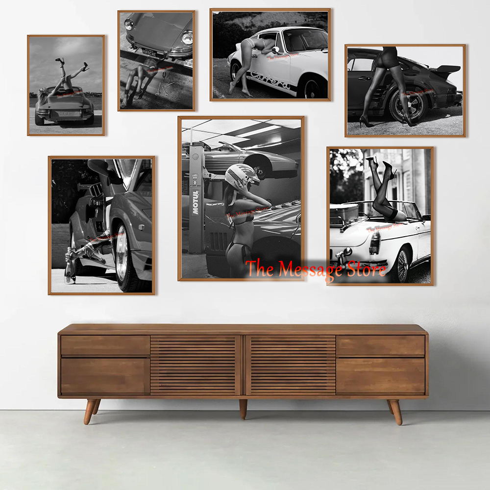 Luxury Lifestyle Cars - レトロセクシーガールハイヒールと高級車レトロトレンディファッション写真スポーツカーポスターキャンバス絵画壁掛け絵画家の装飾
