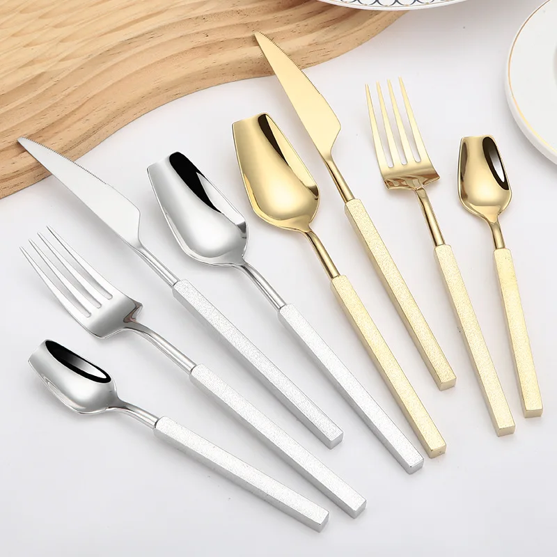 Gold Plated Cutlery - 4 個の高級カトラリーセット西洋ステンレス鋼金メッキ食器食器スクエアハンドルナイフフォークスプーン食器洗い機対応