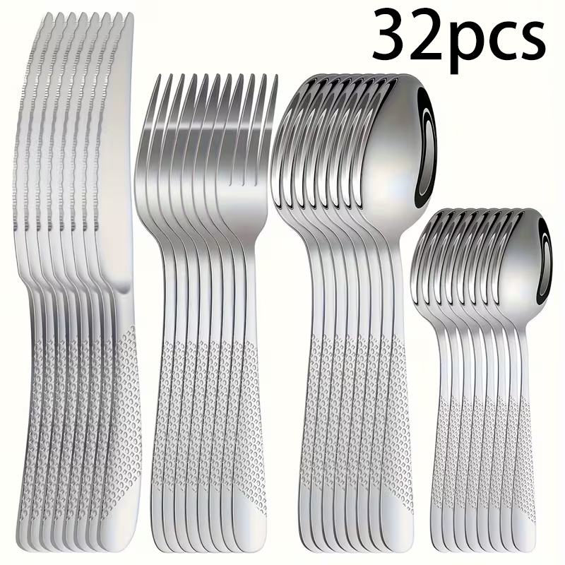 Gold Plated Cutlery - 32ピーススターダイヤモンドパターンカトラリーセット、ステンレス製シルバーゴールド食器セット、家庭用ディナー用ナイフ・フォーク・スプーン食器