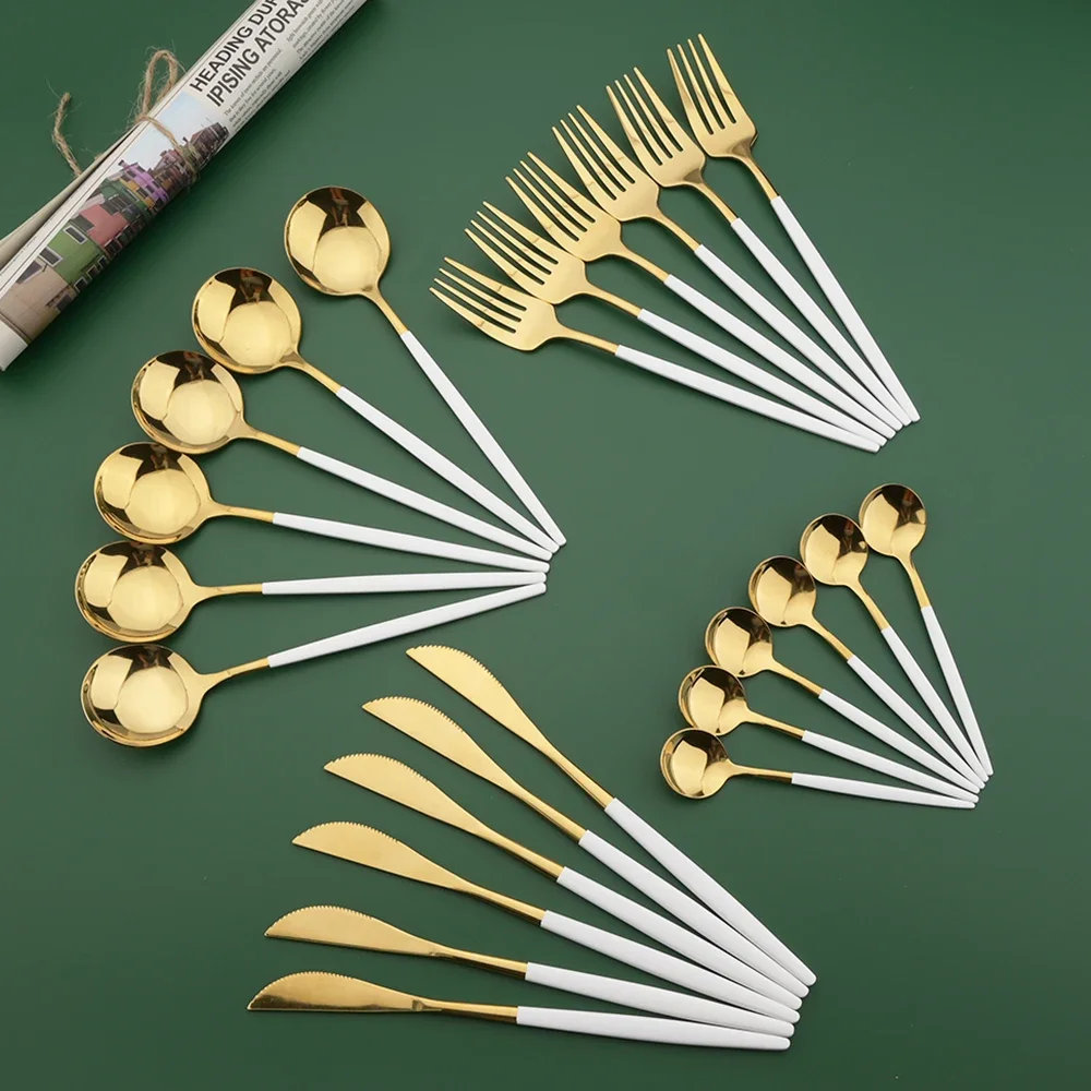 Gold Plated Cutlery - 16/24/32/48 個食器セットホワイトゴールドディナーカトラリーセットステンレス鋼食器フォークキッチンナイフフォークスプーン食器セット