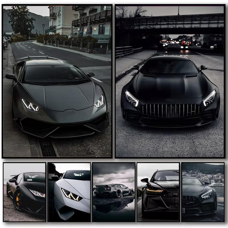 Luxury Lifestyle Cars - 大型ブラックインダストリアルスタイルスポーツカーポスター高級ブランド車キャンバス絵画ウォールアートホームリビングルーム装飾非フレーム