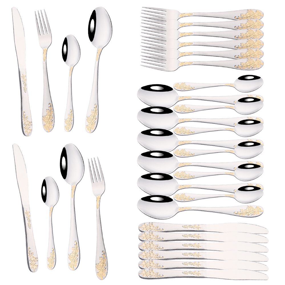 Gold Plated Cutlery - ヴィンテージウエスタン 8/32 個ゴールド食器カトラリーダイニングナイフフォークティースプーンセット高級食器彫刻食器調理器具セット