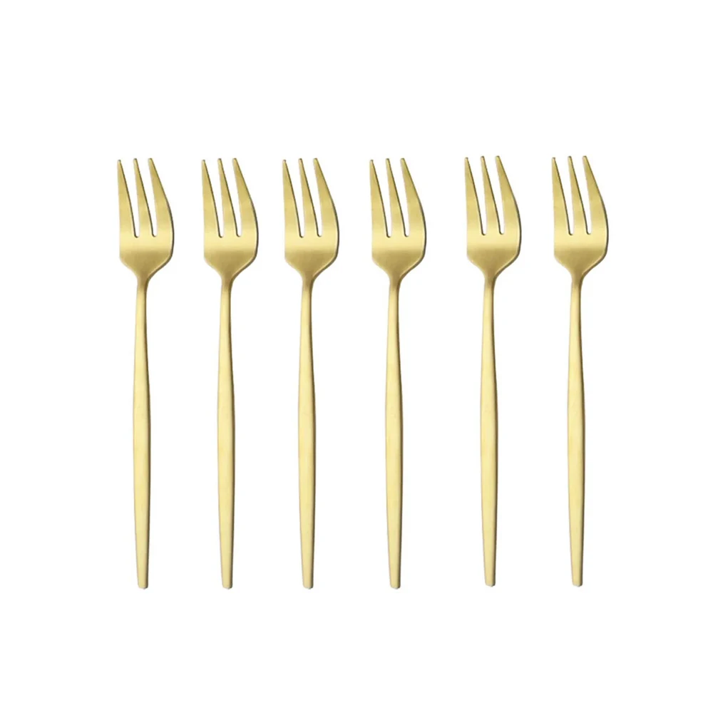Gold Plated Cutlery - 6 個ステンレス鋼マットケーキフルーツフォーク食器銀器カトラリーデザートサラダフォークセットゴールド食器ミニフォーク