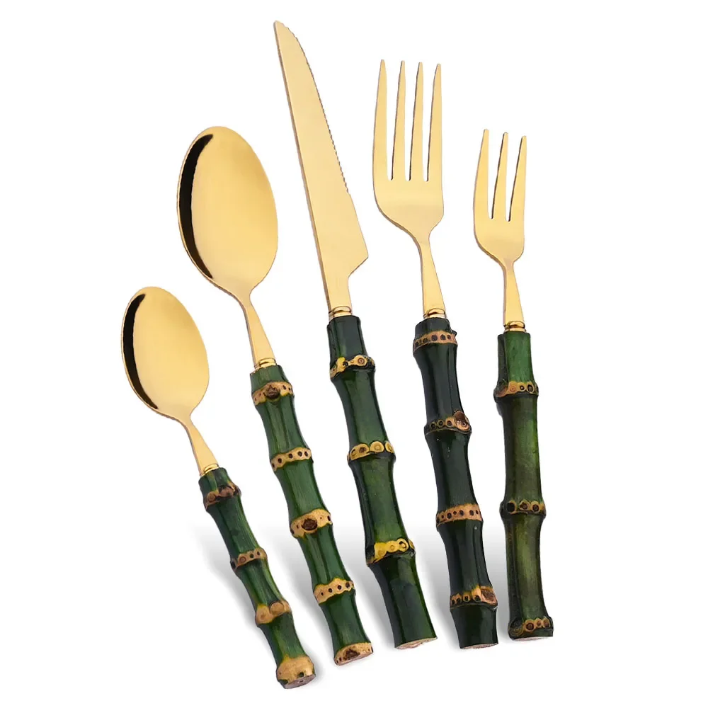 Gold Plated Cutlery - 5 個ナチュラルグリーン竹ハンドルカトラリーセット 304 ステンレス鋼食器セットナイフフォークスプーン食器キッチン食器
