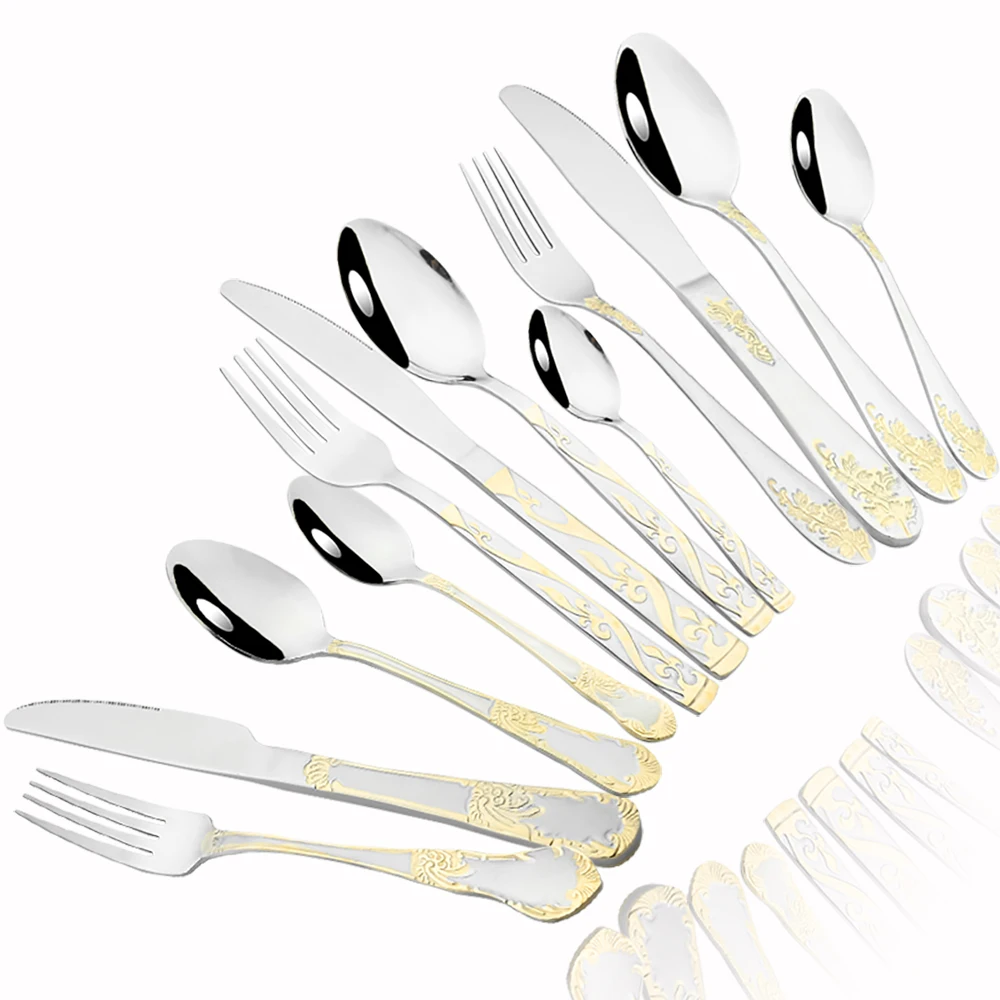 Gold Plated Cutlery - 304ステンレス製の高級食器セット。高品質なナイフ、フォーク、スプーンのカトラリーキット。金メッキ加工を施した花柄のテーブルウェア。卸売販売。