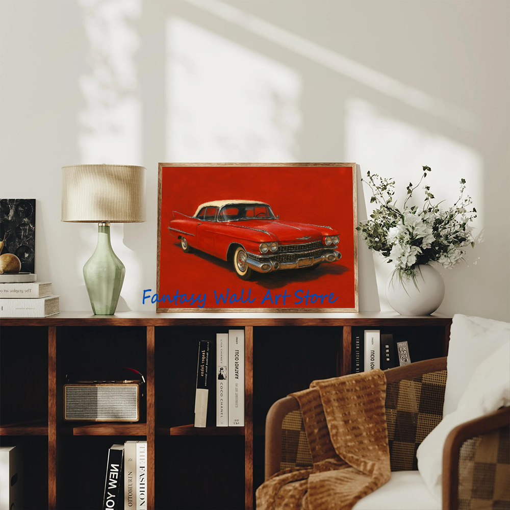 ヴィンテージ風の赤、緑、青、ピンクの車のイラストポスター。6 - Luxury Lifestyle Cars のレビューと価格