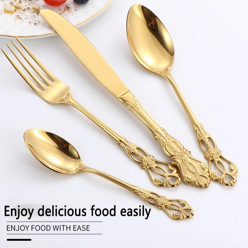 24点セットのゴールドカラーの食器セット。ステンレス製のテー - Gold Plated Cutlery のレビューと価格