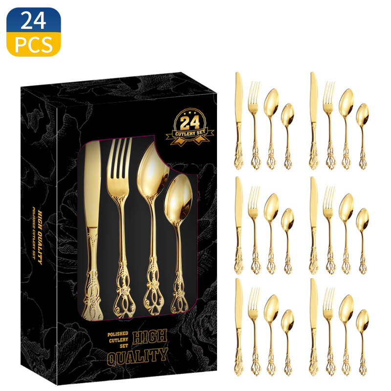24点セットのゴールドカラーの食器セット。ステンレス製のテー - Gold Plated Cutlery のレビューと価格