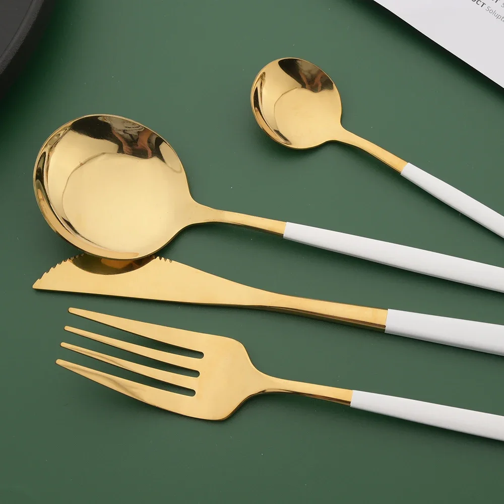 16/24/32/48 個食器セットホワイトゴールドディナー - Gold Plated Cutlery のレビューと価格