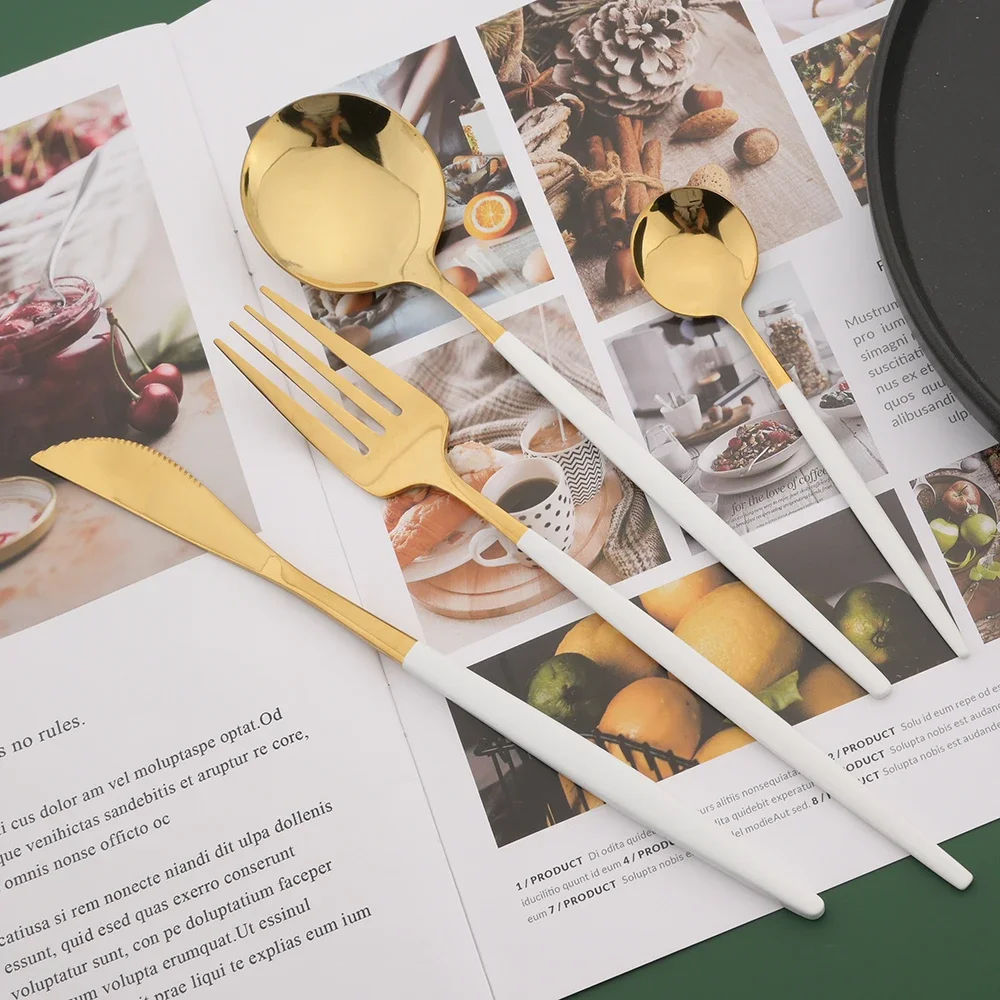 16/24/32/48 個食器セットホワイトゴールドディナー - Gold Plated Cutlery のレビューと価格