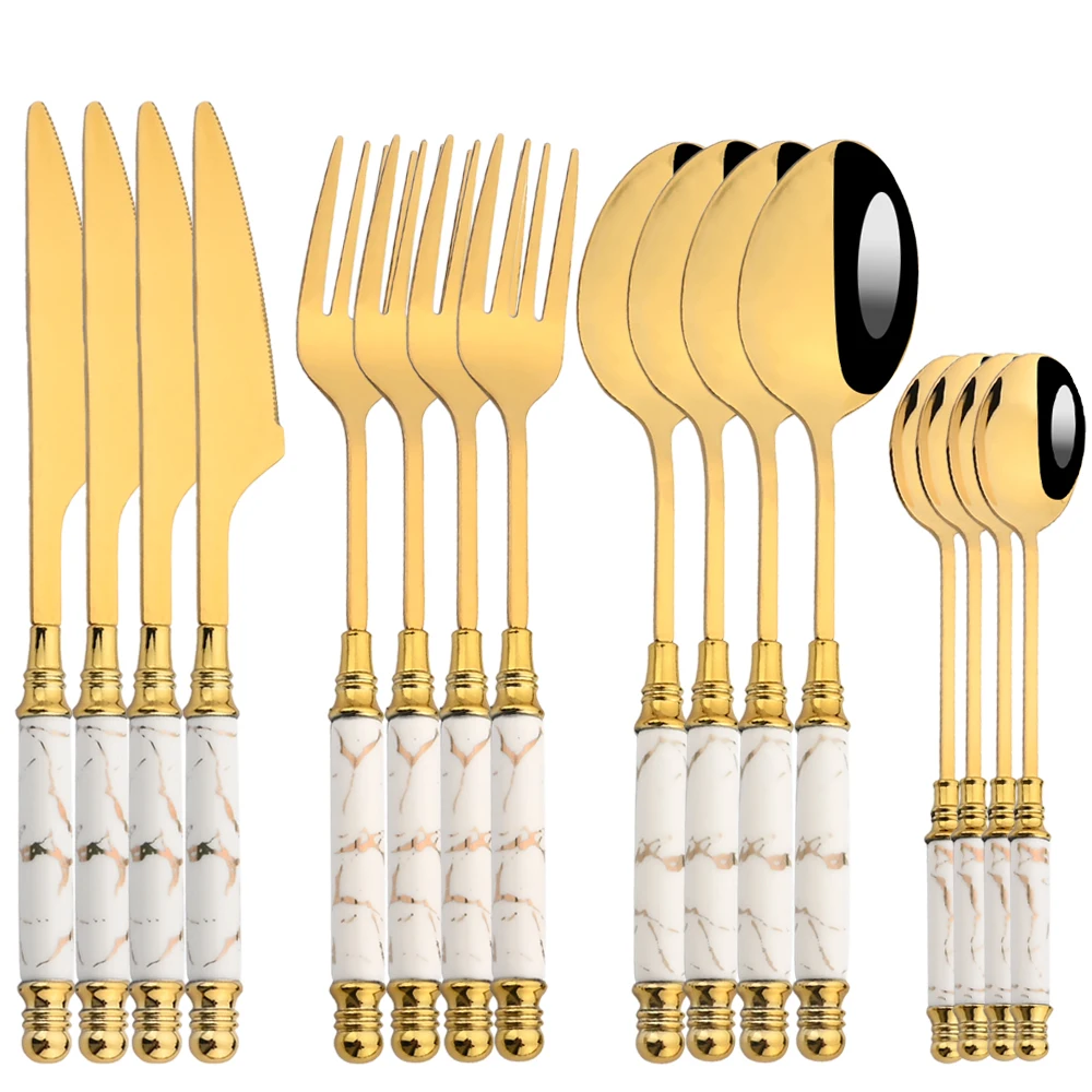 16 個食器セットカトラリーセットミラーセラミックハンドルゴ - Gold Plated Cutlery のレビューと価格