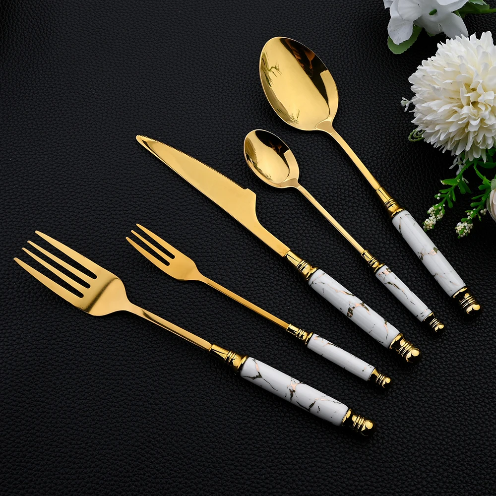 16 個食器セットカトラリーセットミラーセラミックハンドルゴ - Gold Plated Cutlery のレビューと価格