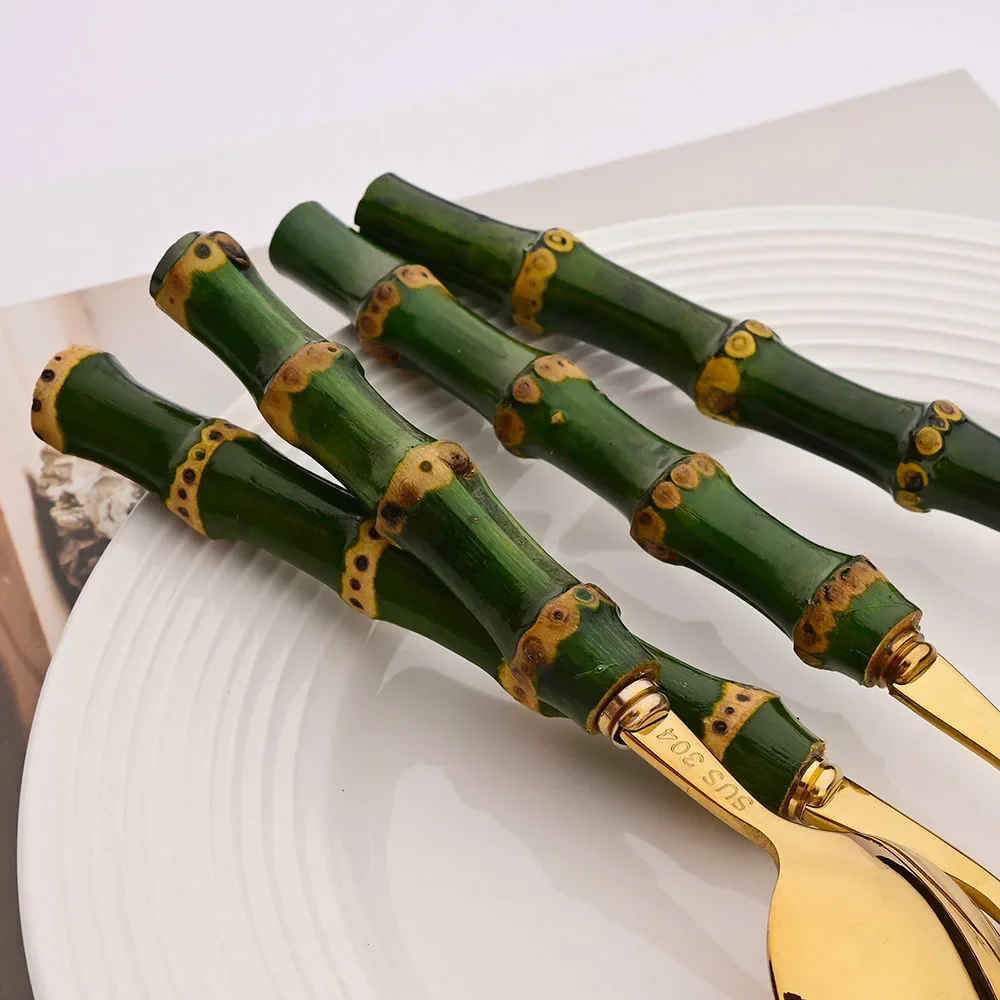 5 個ナチュラルグリーン竹ハンドルカトラリーセット 304  - Gold Plated Cutlery のレビューと価格