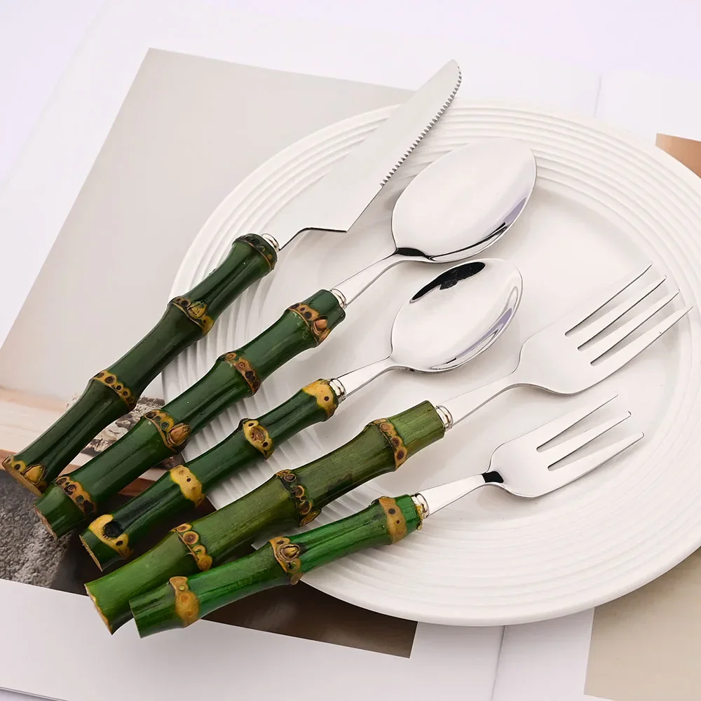 5 個ナチュラルグリーン竹ハンドルカトラリーセット 304  - Gold Plated Cutlery のレビューと価格