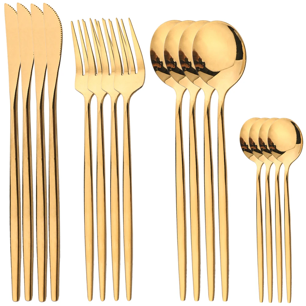 ステンレス鋼カトラリーセット,16個,金,ミラー,ナイフフォ - Gold Plated Cutlery のレビューと価格